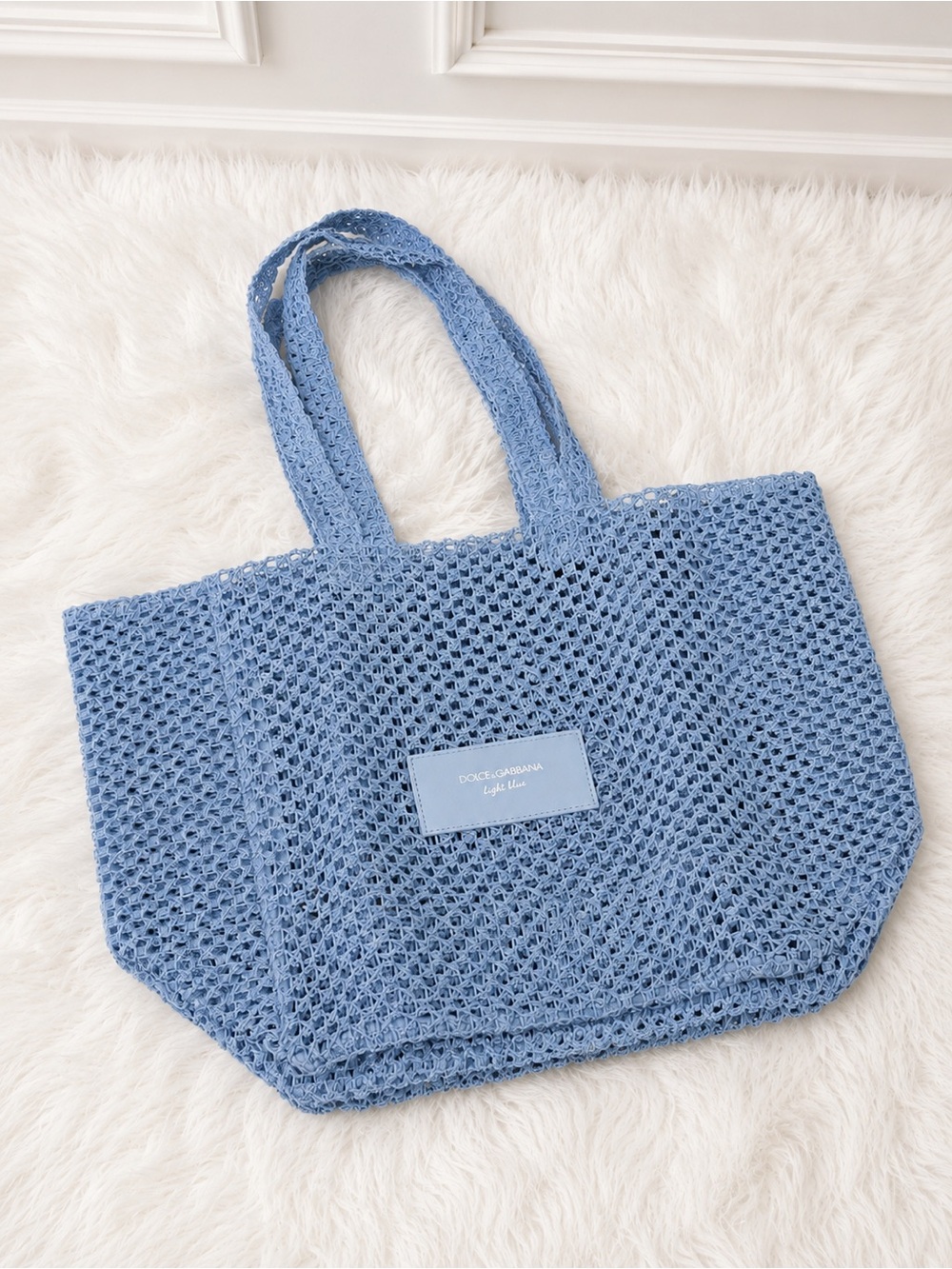 Dolce & Gabbana Light Blue Woven Mesh Crochet Large Tote Bag